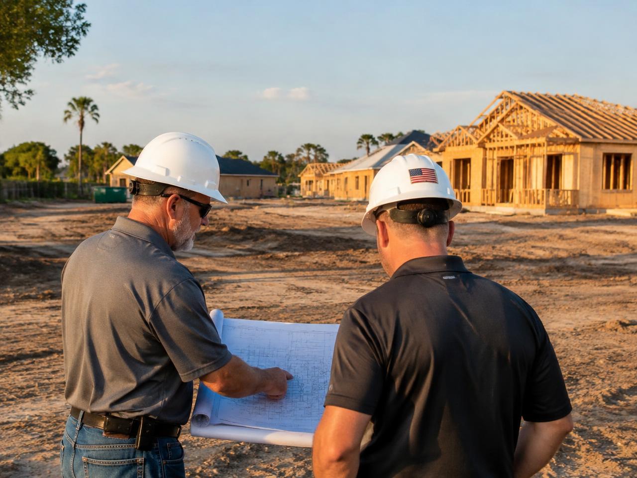Builders reviewing site plans on a Florida development lot